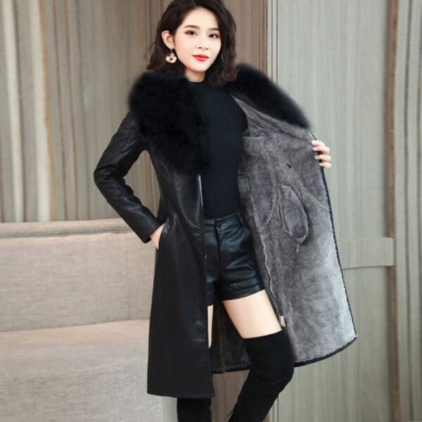 Velvet Warm Long Leather Jacket - Imagen 4