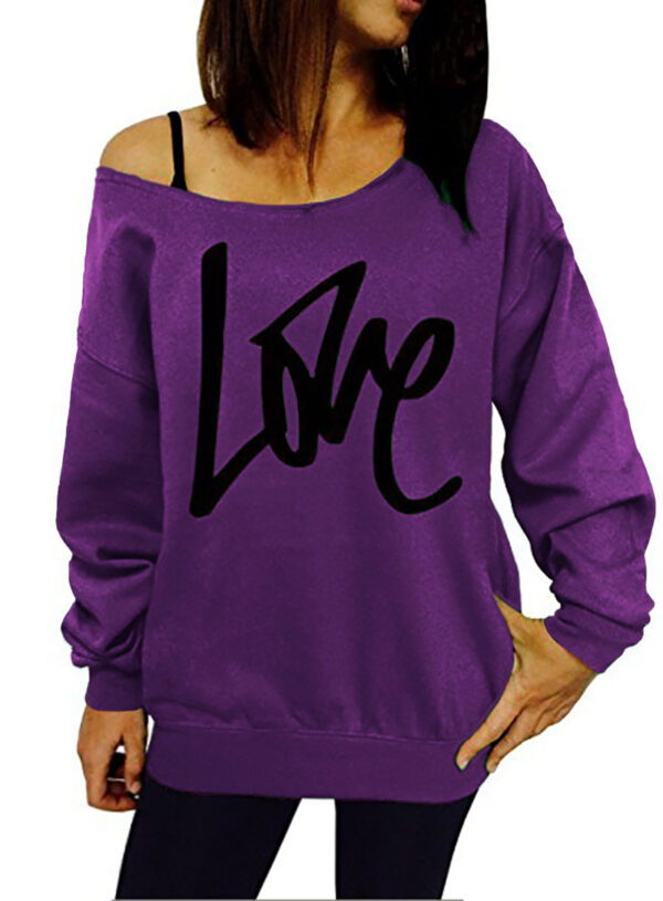 Autumn Women's Letter Love Print Sexy Leaky Off Shoulder Long Sleeve Pink Purple Green Yellow Tees Sweat Shirt Tops - Imagen 10