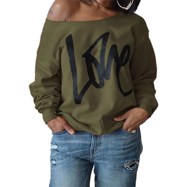 Autumn Women's Letter Love Print Sexy Leaky Off Shoulder Long Sleeve Pink Purple Green Yellow Tees Sweat Shirt Tops - Imagen 3
