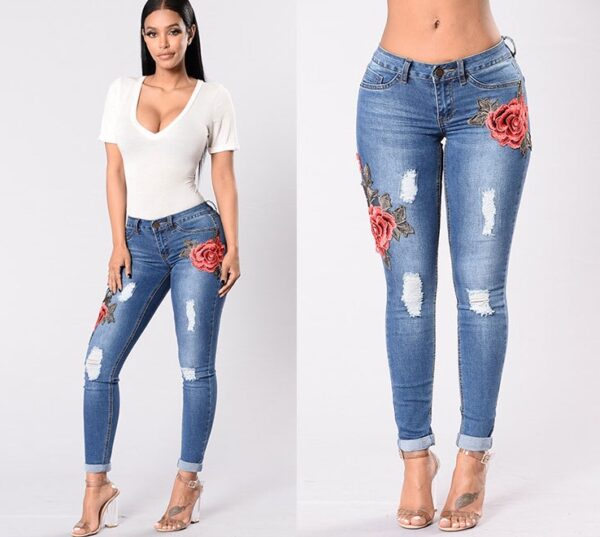 Embroidery jeans stretch jeans pants - Imagen 3
