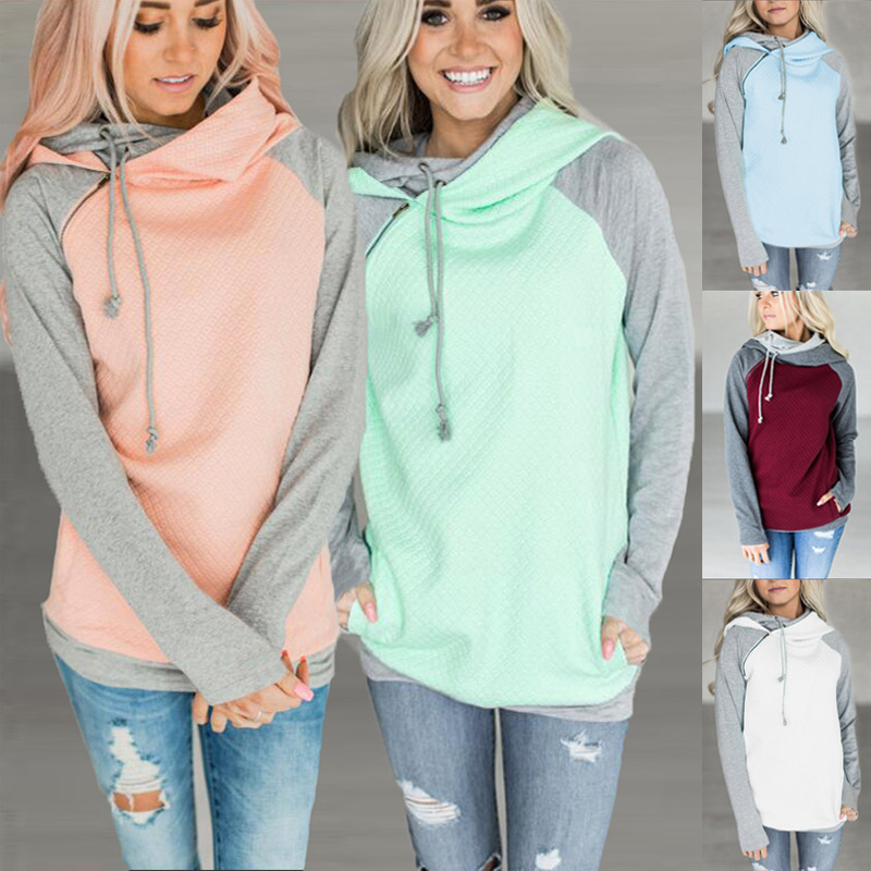 Fall / Winter 2019 Hot Sale Foreign Trade Oblique Zipper Double Cap Splicing Hoodie Sweater Plaid Coat 0591