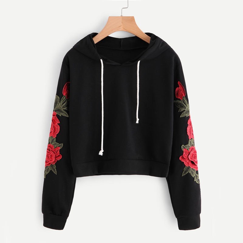 Embroidered Rose Applique Sleeve Hoodie 2020 Autumn Long Sleeve Casual Pullovers 2020 Women Black Sweatshirt