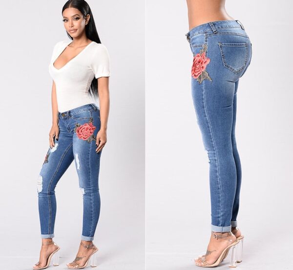 Embroidery jeans stretch jeans pants - Imagen 4