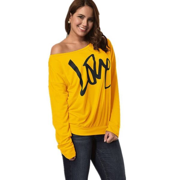 Autumn Women's Letter Love Print Sexy Leaky Off Shoulder Long Sleeve Pink Purple Green Yellow Tees Sweat Shirt Tops - Imagen 9