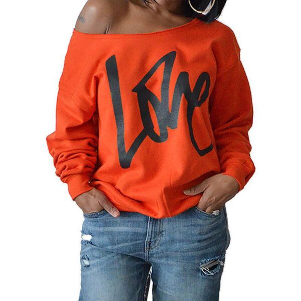 Autumn Women's Letter Love Print Sexy Leaky Off Shoulder Long Sleeve Pink Purple Green Yellow Tees Sweat Shirt Tops - Imagen 7