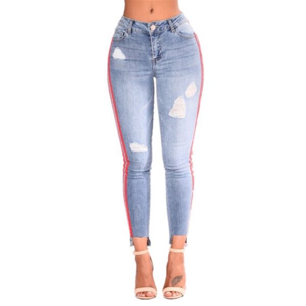 Denim stretch hole fashion ribbon denim high waist pants - Imagen 5