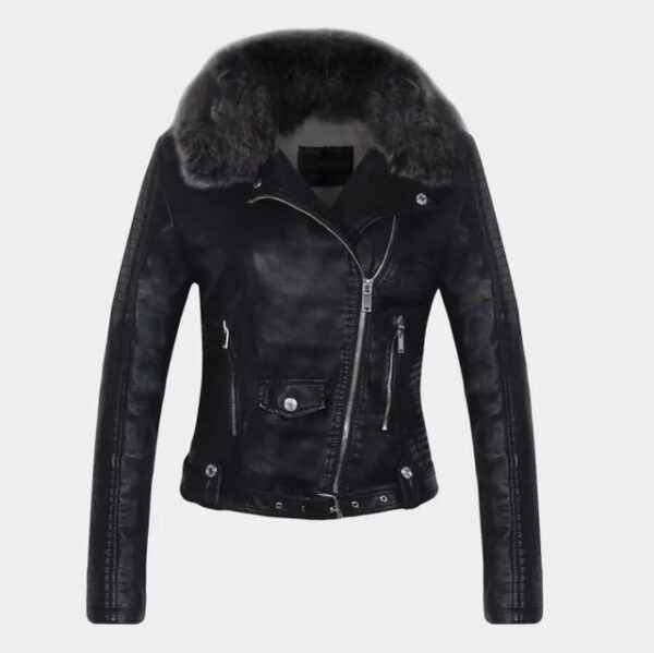 DETACHABLE FUR COLLAR WARM FAUX LEATHER JACKET - Imagen 7