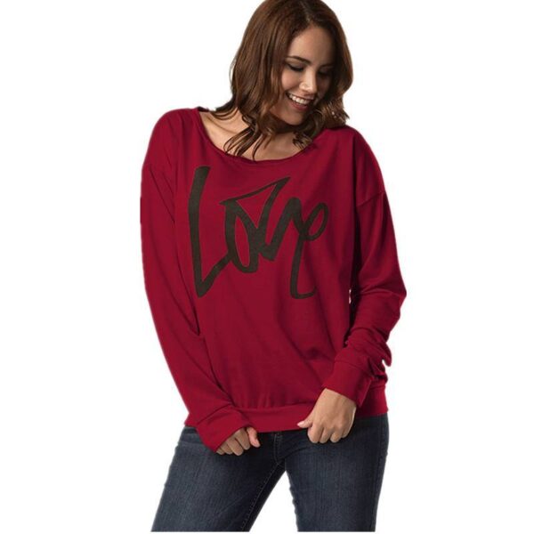 Autumn Women's Letter Love Print Sexy Leaky Off Shoulder Long Sleeve Pink Purple Green Yellow Tees Sweat Shirt Tops - Imagen 11