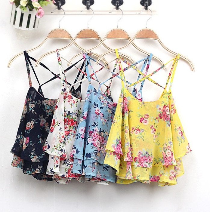2020 Blusa Hot 4Colors Women Summer Strap Floral Print Chiffon Blouse Sexy Tops Retro Floral Cross-Shoulder Shirts Sleeveless T