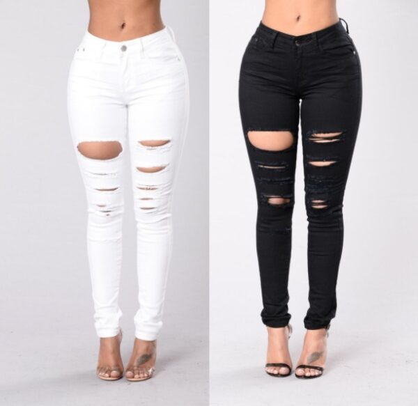 New 2020 casual sexy jeans woman cotton denim trousers slim mid waist ripped holes pencil pants cowboy jeans femme - Imagen 2