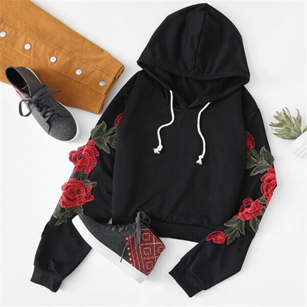 Embroidered Rose Applique Sleeve Hoodie 2020 Autumn Long Sleeve Casual Pullovers 2020 Women Black Sweatshirt - Imagen 2