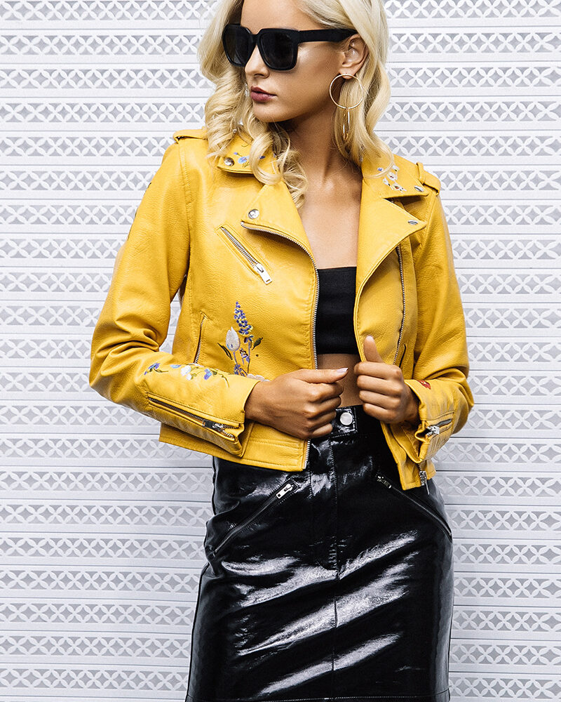 European and American style 2020 autumn and winter new Slim floral embroidery leather zipper lapel motorcycle jacket female