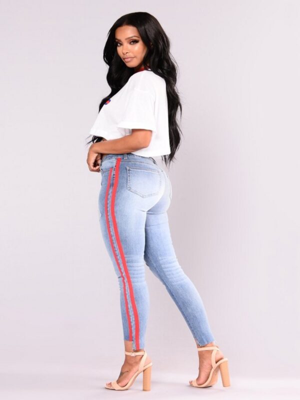 Denim stretch hole fashion ribbon denim high waist pants - Imagen 2