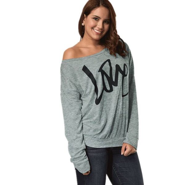 Autumn Women's Letter Love Print Sexy Leaky Off Shoulder Long Sleeve Pink Purple Green Yellow Tees Sweat Shirt Tops - Imagen 6