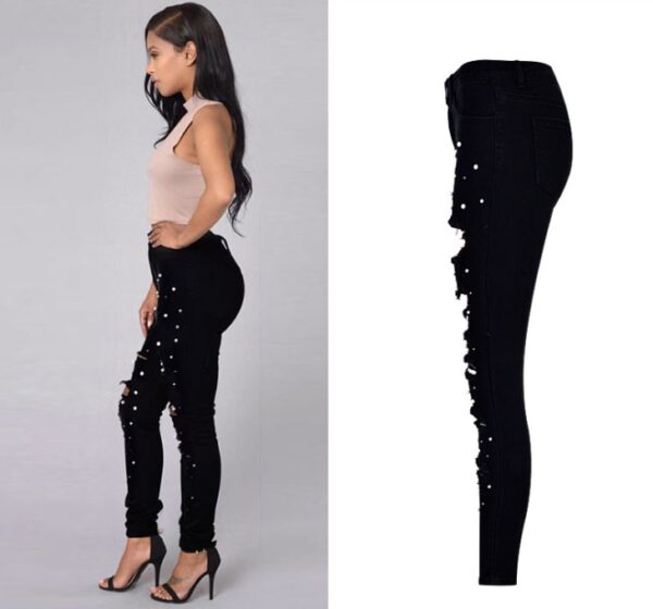 European and American women's high waist slim elastic irregular two-color studded pearl denim feet pants washed holes large size - Imagen 2