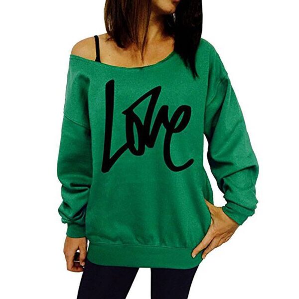 Autumn Women's Letter Love Print Sexy Leaky Off Shoulder Long Sleeve Pink Purple Green Yellow Tees Sweat Shirt Tops - Imagen 5