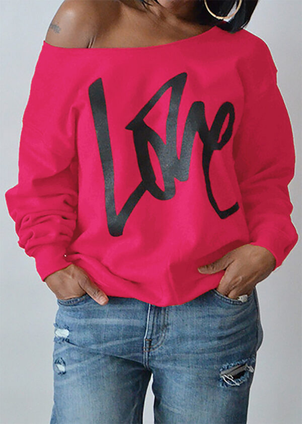 Autumn Women's Letter Love Print Sexy Leaky Off Shoulder Long Sleeve Pink Purple Green Yellow Tees Sweat Shirt Tops - Imagen 8