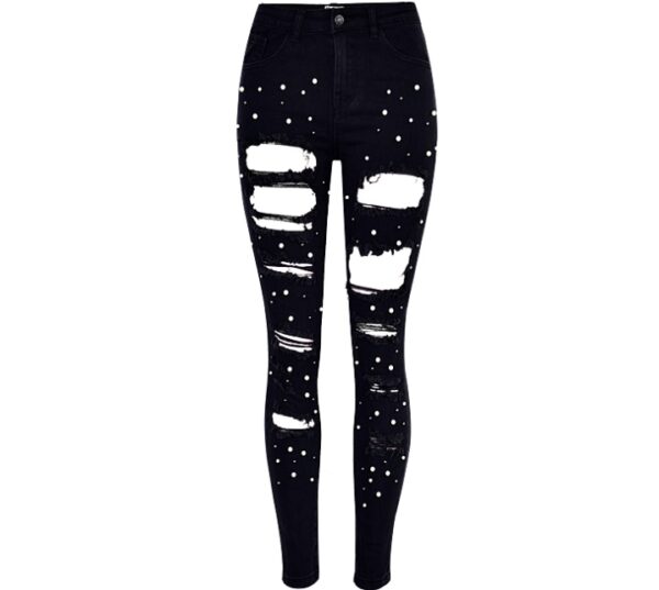 European and American women's high waist slim elastic irregular two-color studded pearl denim feet pants washed holes large size - Imagen 5