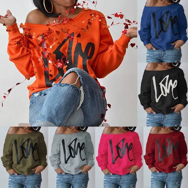Autumn Women's Letter Love Print Sexy Leaky Off Shoulder Long Sleeve Pink Purple Green Yellow Tees Sweat Shirt Tops