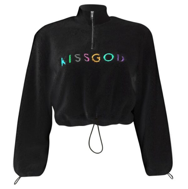 Letter embroidered lamb hair drawstring sweater - Imagen 7