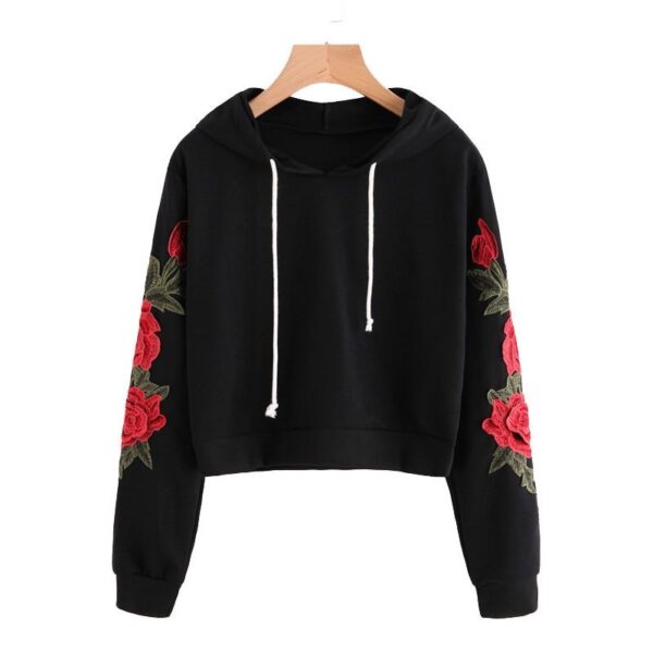 Embroidered Rose Applique Sleeve Hoodie 2020 Autumn Long Sleeve Casual Pullovers 2020 Women Black Sweatshirt - Imagen 6