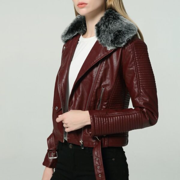 DETACHABLE FUR COLLAR WARM FAUX LEATHER JACKET - Imagen 8