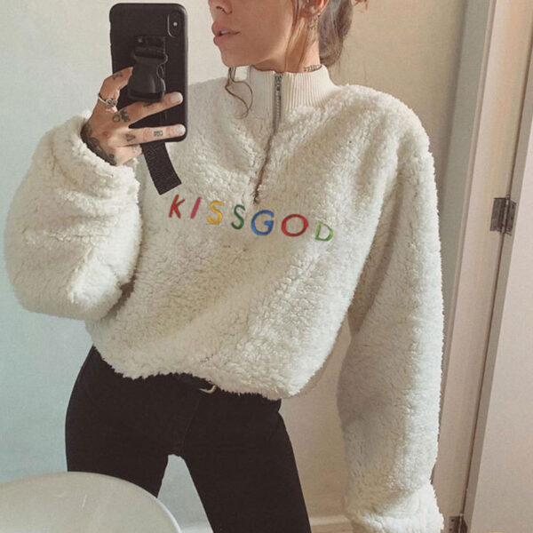 Letter embroidered lamb hair drawstring sweater - Imagen 2