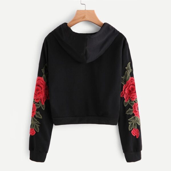 Embroidered Rose Applique Sleeve Hoodie 2020 Autumn Long Sleeve Casual Pullovers 2020 Women Black Sweatshirt - Imagen 3