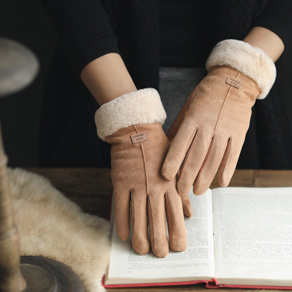 Gloves female autumn and winter warm Korean version plus velvet thick five fingers retro suede touch screen gloves cute driving