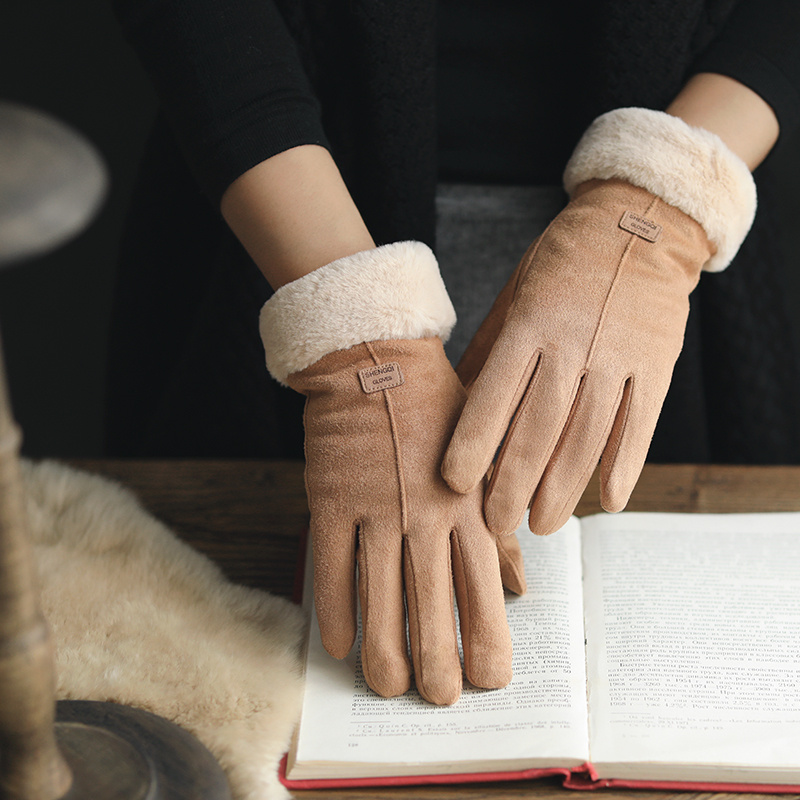 Gloves female autumn and winter warm Korean version plus velvet thick five fingers retro suede touch screen gloves cute driving