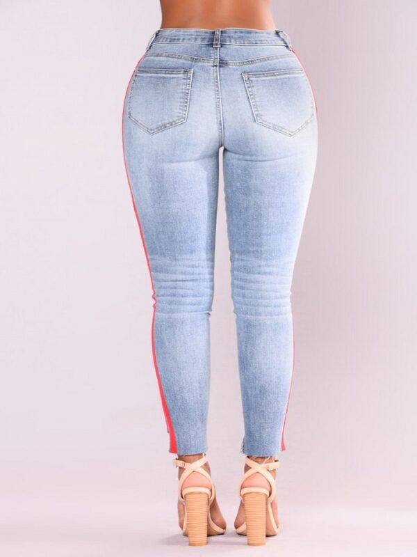 Denim stretch hole fashion ribbon denim high waist pants - Imagen 4