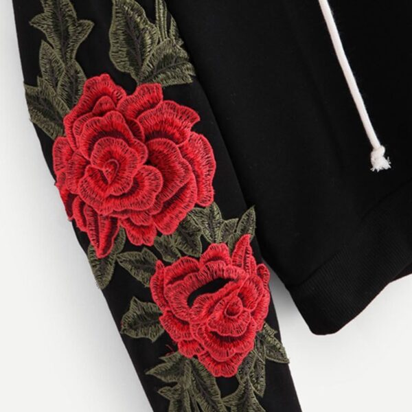 Embroidered Rose Applique Sleeve Hoodie 2020 Autumn Long Sleeve Casual Pullovers 2020 Women Black Sweatshirt - Imagen 5