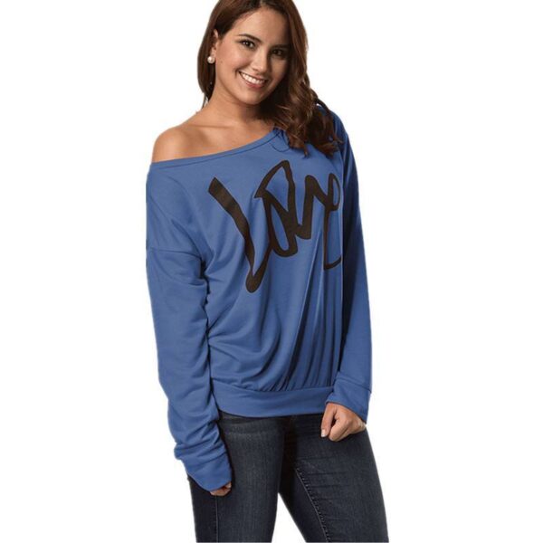 Autumn Women's Letter Love Print Sexy Leaky Off Shoulder Long Sleeve Pink Purple Green Yellow Tees Sweat Shirt Tops - Imagen 4