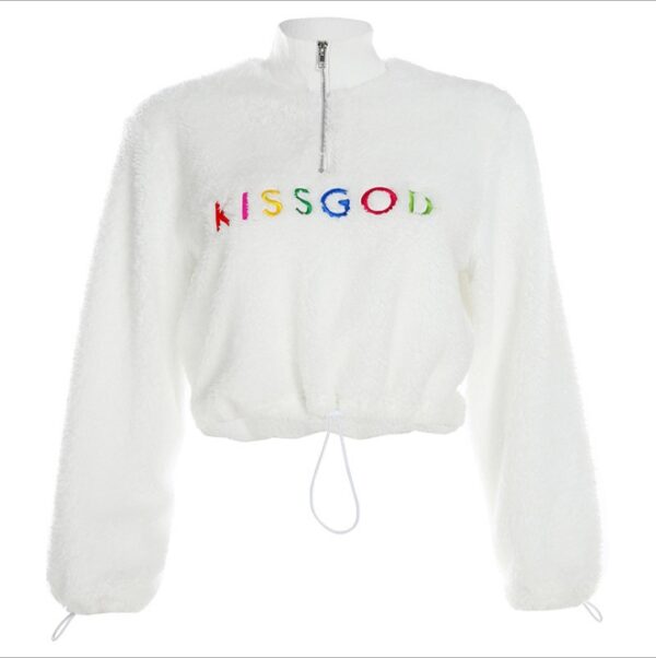 Letter embroidered lamb hair drawstring sweater - Imagen 6